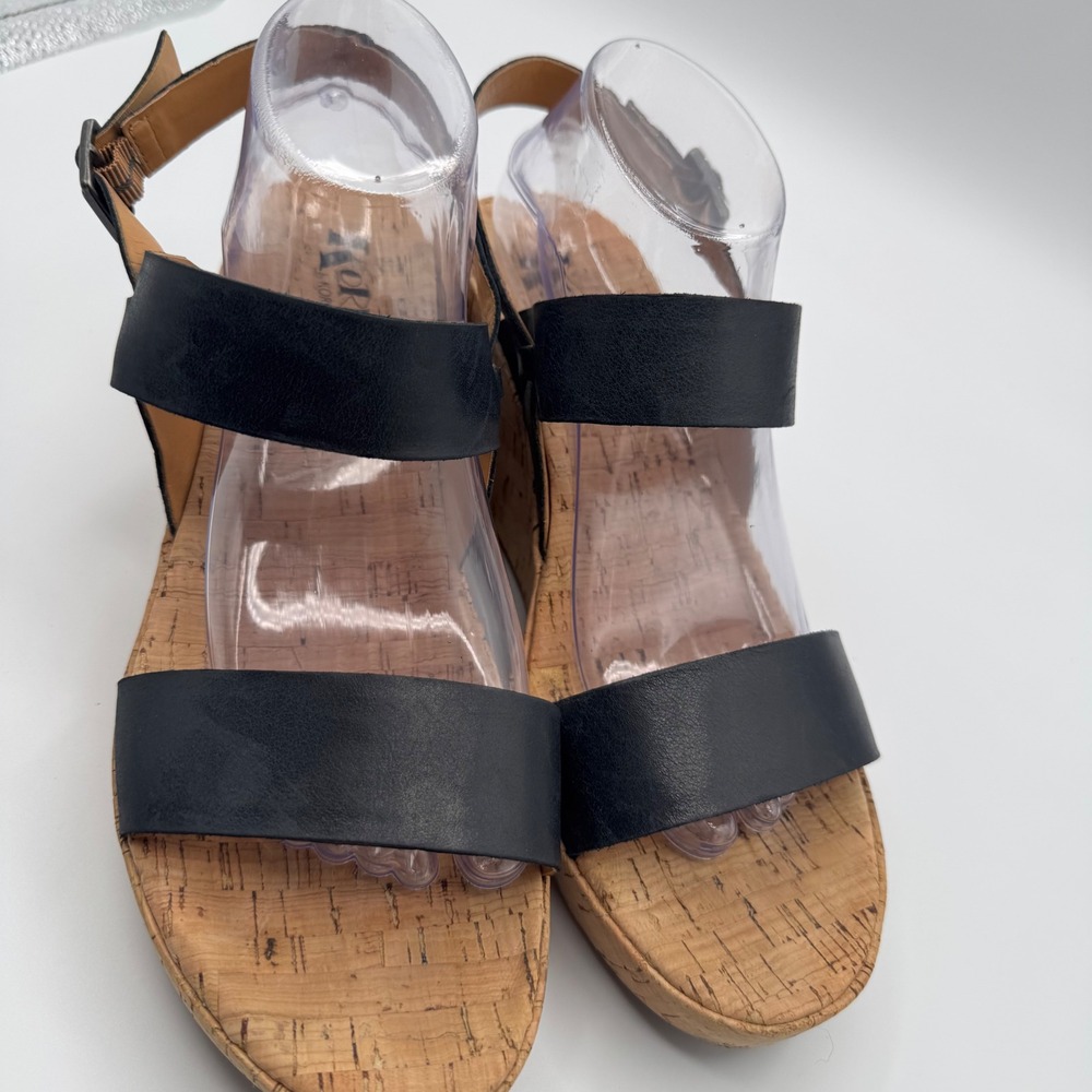 Korks by Kork-Ease Black Leather Cork Wedge Platform Sandals Size 11 - Picture 2 of 7